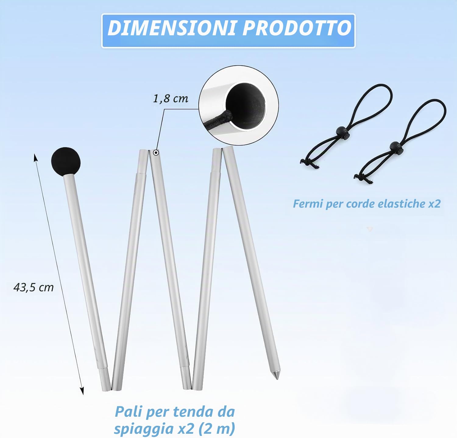 2 pali pieghevoli per tenda da spiaggia in lega di alluminio, 2 m, ricambio per accessori portatili per esterni