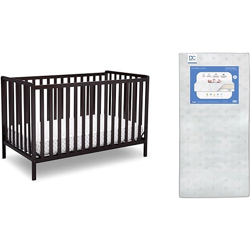 Delta Children Heartland 4-in-1 Convertible Crib, Dark Chocolate + Delta Children Twinkle Galaxy Dual Sided Recycled Fiber Core Crib and Toddler Mattress (Bundle)