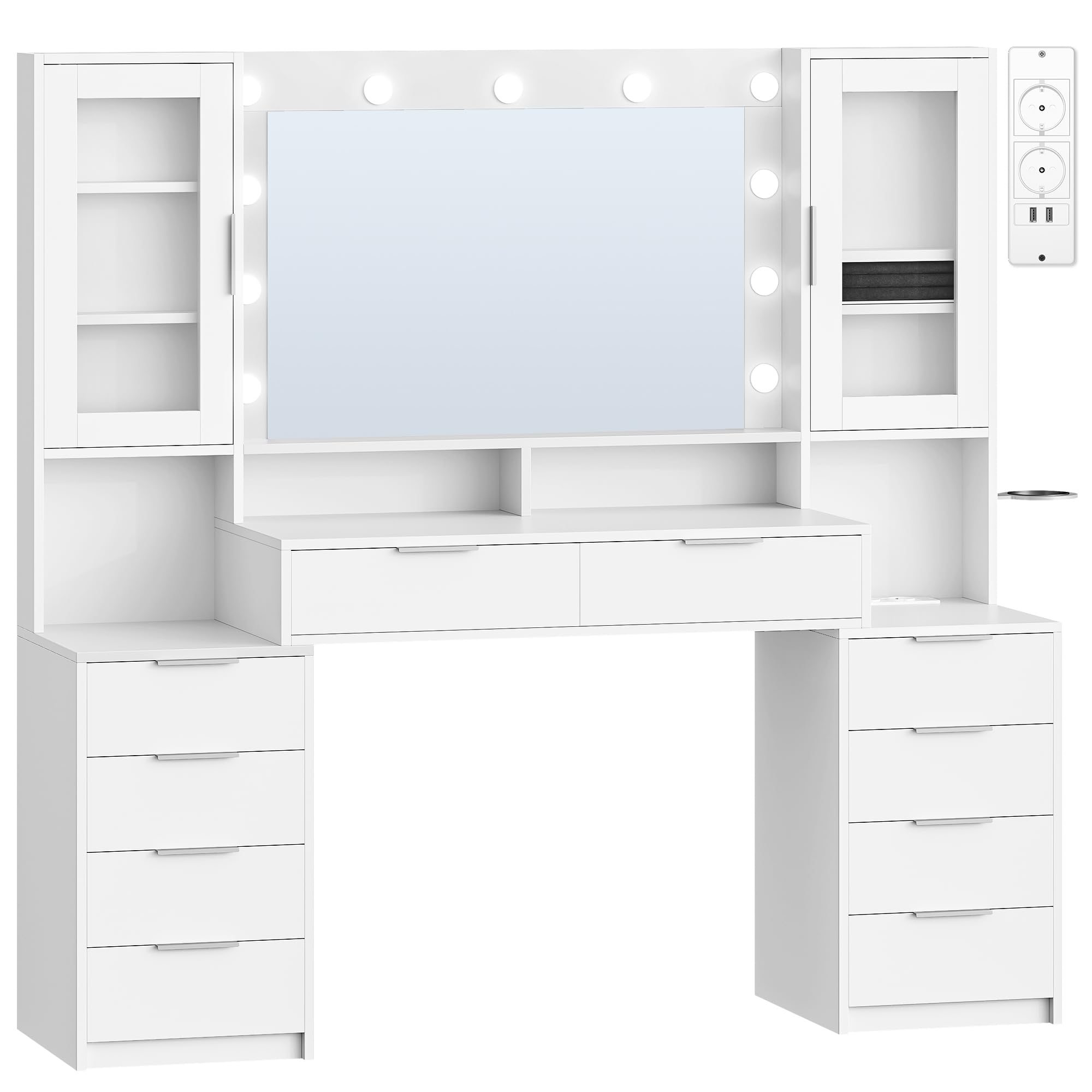 Hzuaneri 150 cm Große Schminktisch mit LED-Beleuchtung und Steckdosenleiste, Schminktisch mit Spiegel, Dreifarbiger Lichteinstellung, 10 Schubladen, Schmuckaufbewahrung, Weiß-Silber DT43703XEU