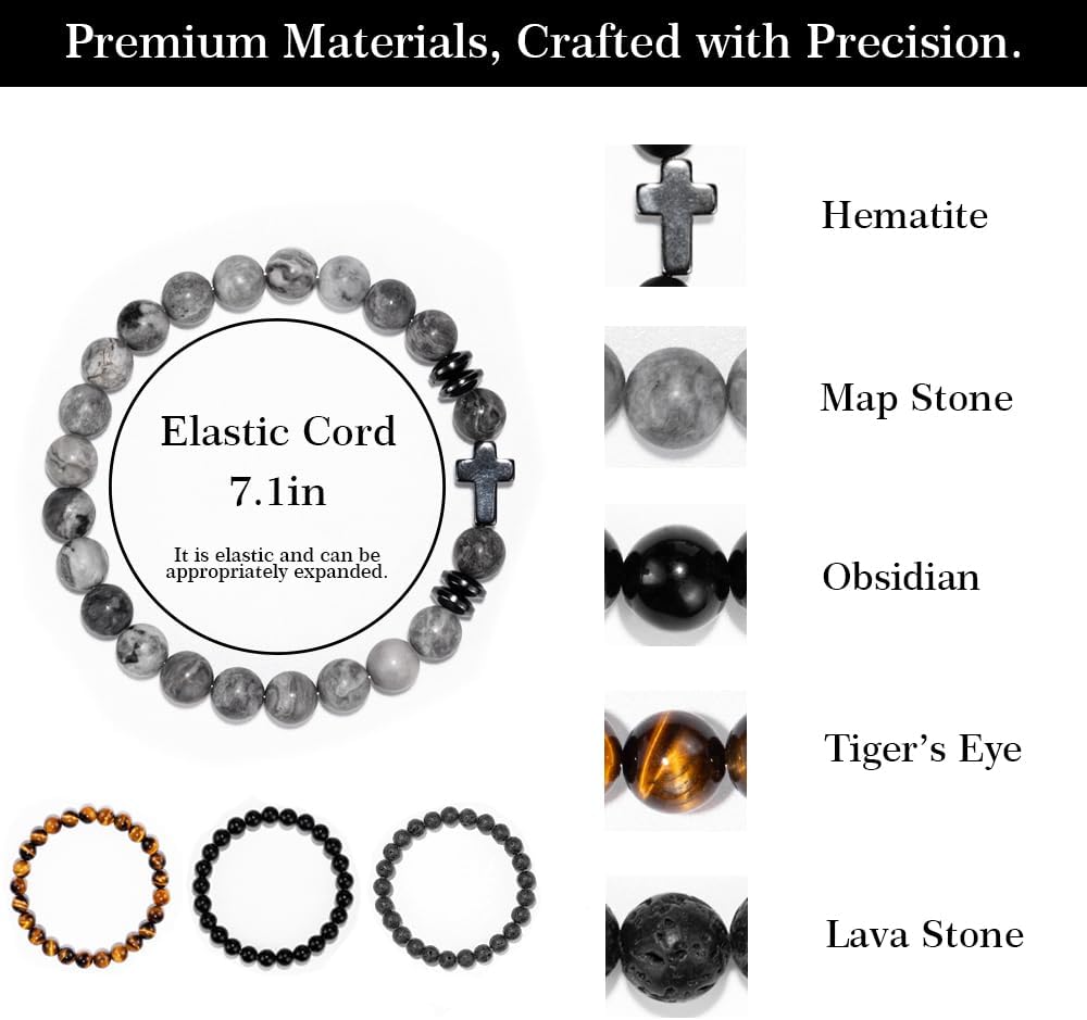 Men Beaded Bracelets, 8mm Natural Stone Bracelet, Healing Crystal, Jewelry Gifts for men, Triple Protection, Tiger Eye, Black Obsidian Beads Bracelets, Lava Rock, Pack of 4 - Image 3