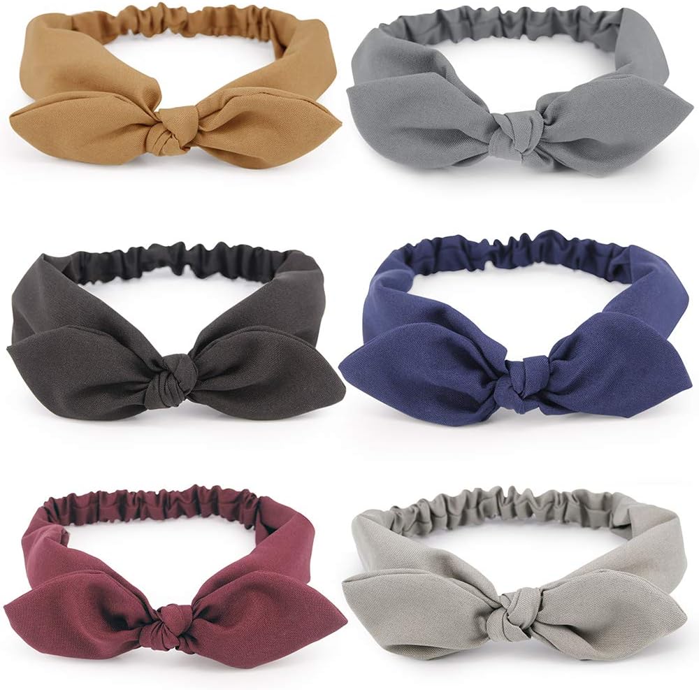 Hogoo 6 Pcs Bow Headbands for Women Cute Headband Vintage Solid Color Stretchy Hair Bands Fashion Turban Fabric Headwrap Hair Accessories for Women Girls