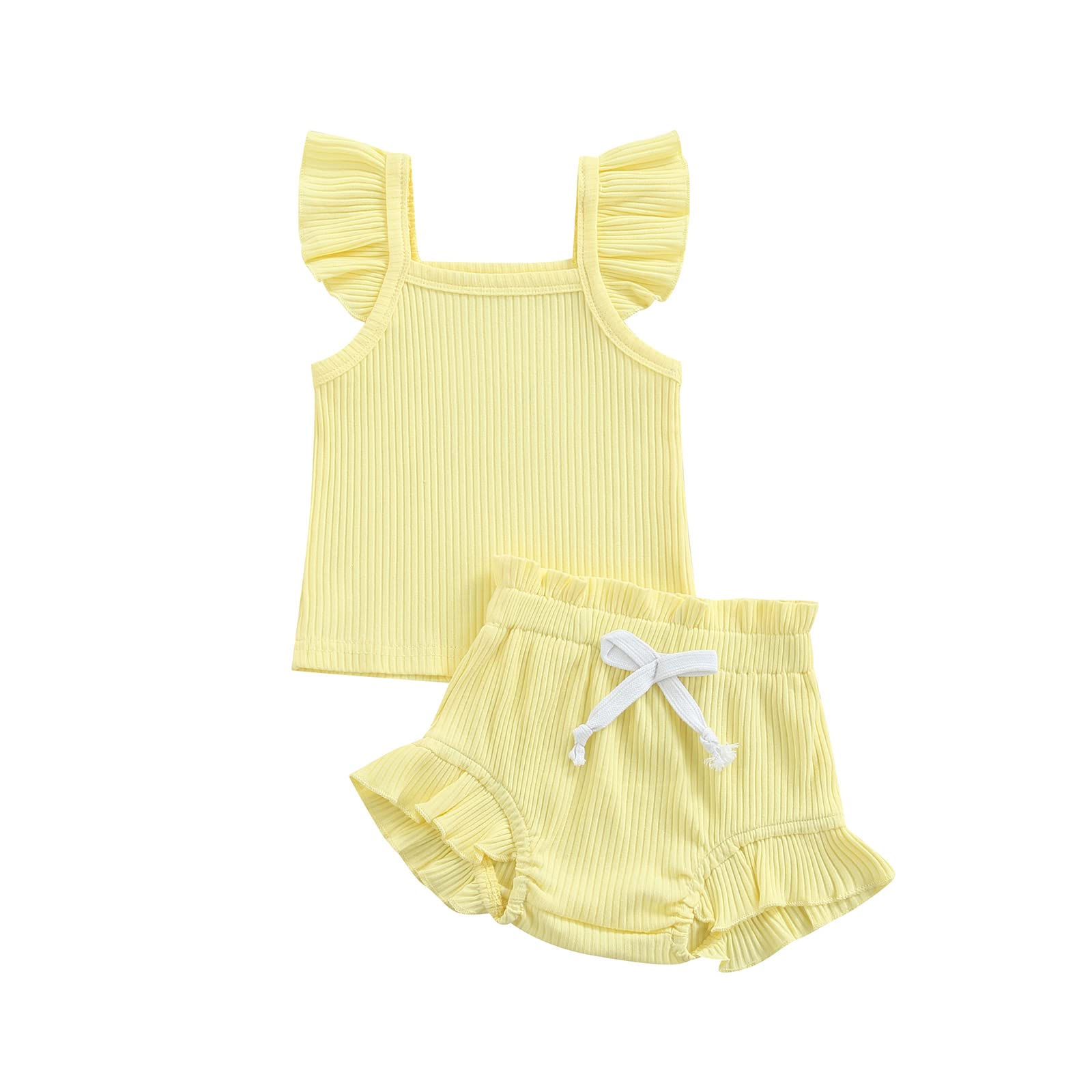 Newborn Baby Girl Outfits Ruffle Sleeveless Ribbed Shirt Tops Bloomer Shorts 2Pcs Set Summer Wear Clothes (1#Yellow, 18-24 Months)