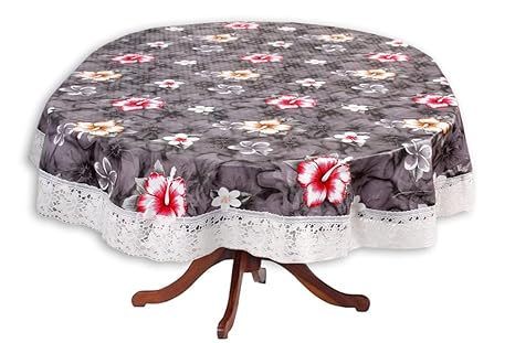 Stylista Waterproof 6 Seater Oval Dining Table Cover WxL 60x90 Inches with White Border lace Floral Pattern Grey(Polyvinyl Chloride, Pack of 1)