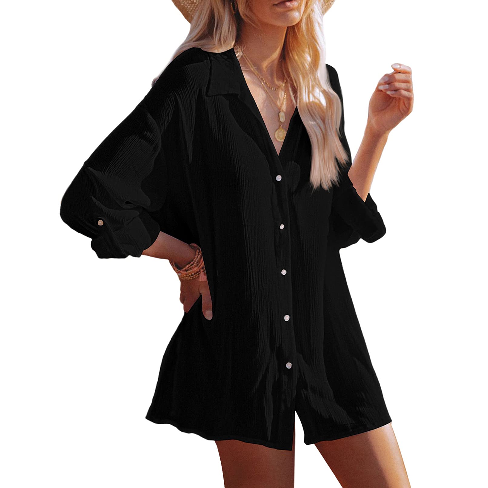 HAPCOPEWomen's Button Down Shirt Dress Casual Loose Long Sleeve Swimwear Cover Up