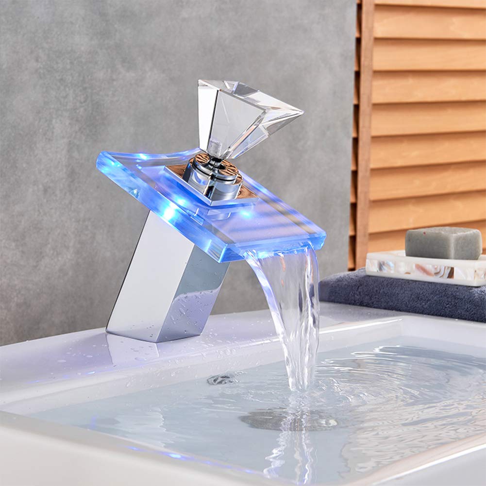 Grifo De Lavabo Cascada Con Iluminación LED Grifo Baño De Latón Con Agua Fría Y Caliente Disponible, Moderno Monomando Cromado Grifo De Cuenca Con Válvula De Cerámica, Ahorrar El Agua