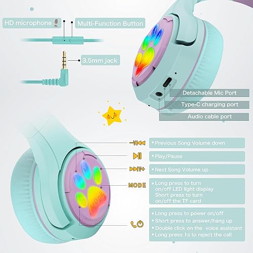 Miniatura 5 de Riwbox CF9 - Auriculares Bluetooth para niños con luz LED, límite de volumen seguro de 85 dB, micrófono integrado y micrófono Boom para llamadas,