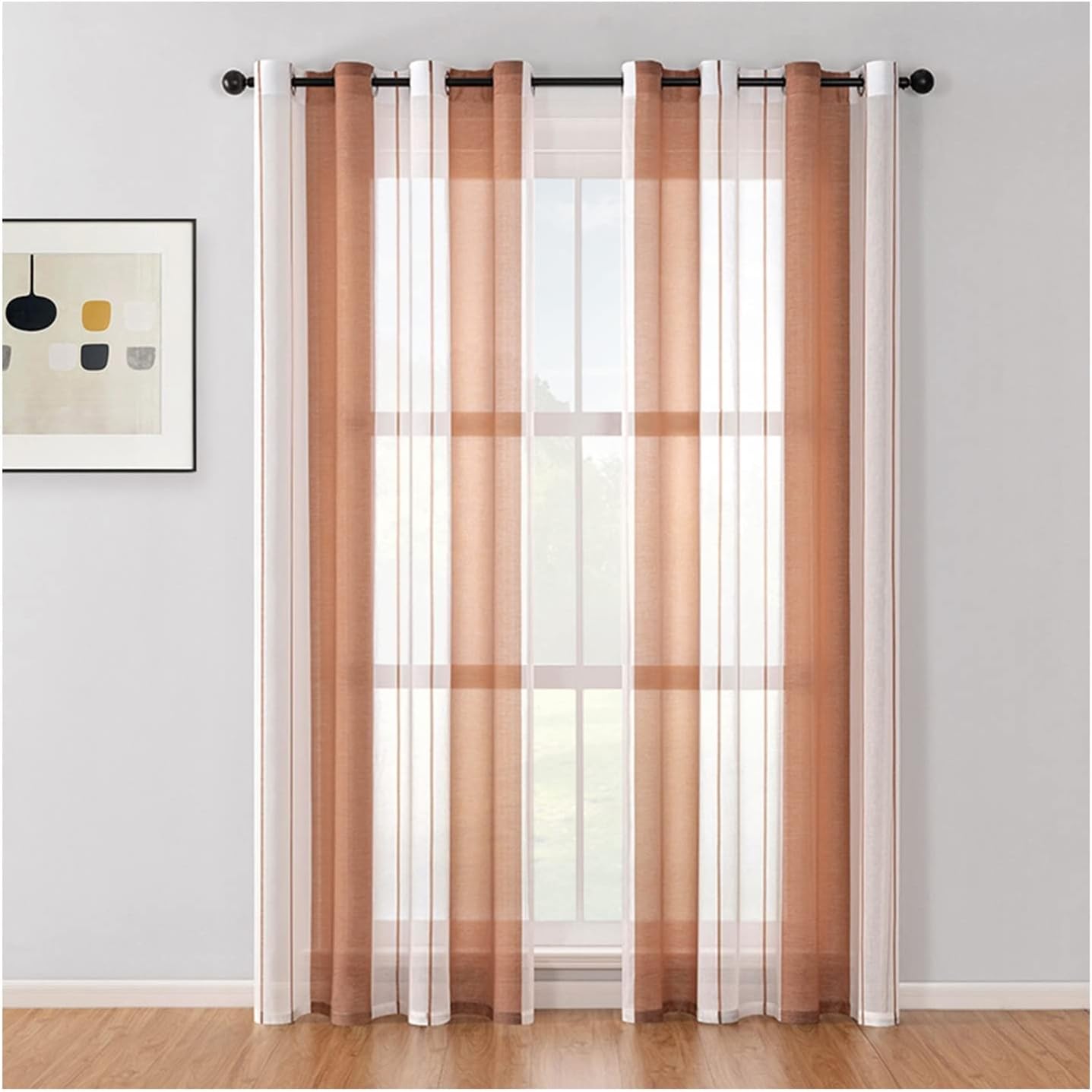 Daesar Modern Curtains Living Room 2 Panels, Sheer Voile Bedroom Curtains Eyelet Polyester Coffee Transparent Stripes Window Treatment Curtains 54" W x 90" L