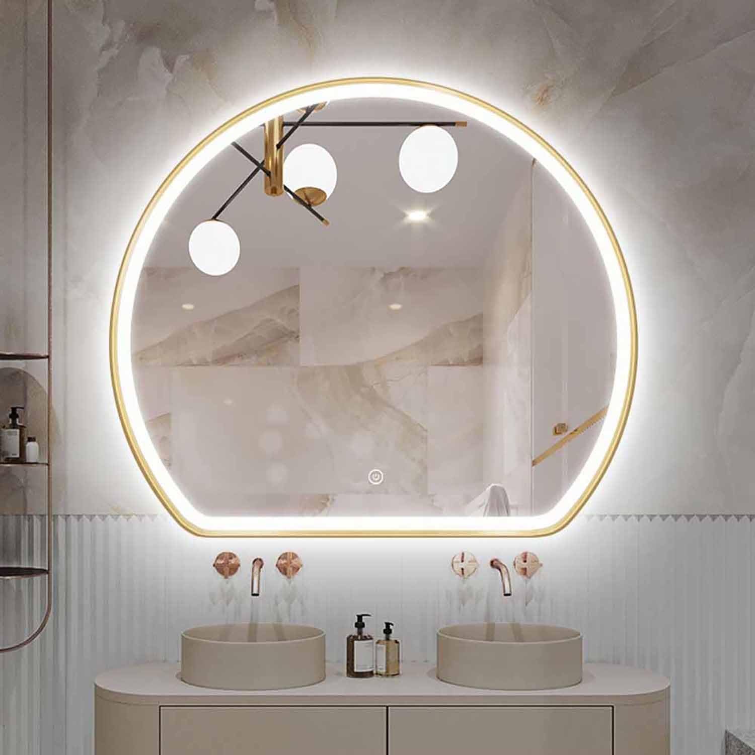 Miroir mural demi-lune haut de gamme doré avec fonction désembuage