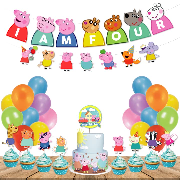 Festiko® 35 Pcs Cartoon Pig Theme I Am Four Banner, Cake & Cupcake Toppers, Balloons, I Am Four Birthday Combo Decoration, Cartoon Pig Party Decorations, Cartoon Pig Theme Supplies