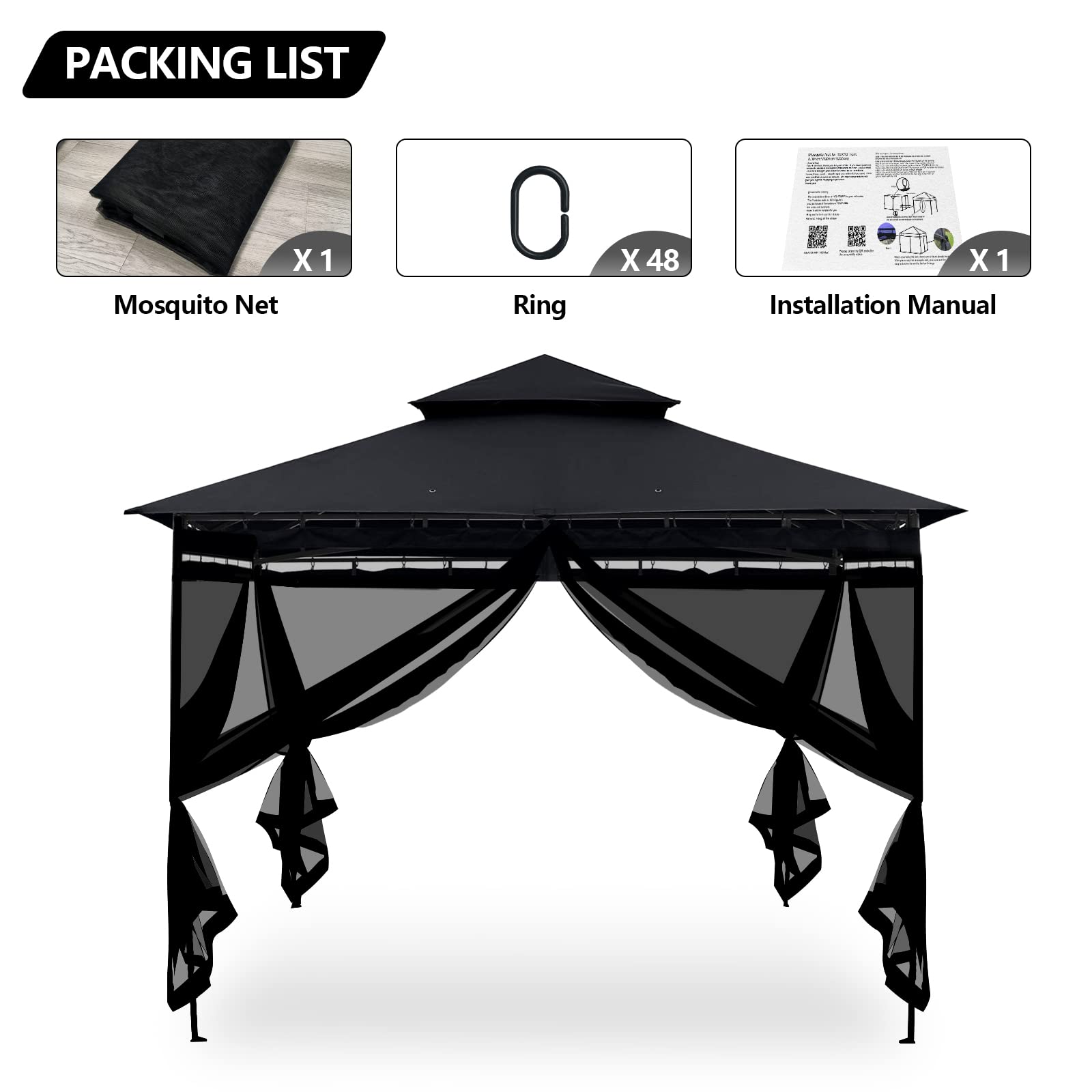 Mosquito Net for Outdoor Patio and Garden, Screen House for Camping and Deck , Zippered Mesh Sidewalls for 10x 10' Gazebo and Tent,Outdoor Gazebo Screenroom , (Black)…