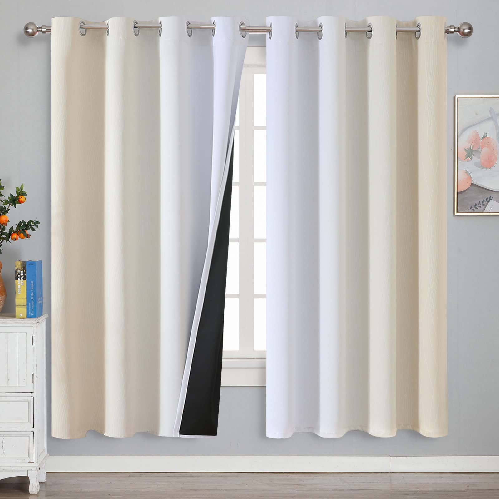 VEHEDE Gradient Beige and Greyish White Blackout Curtains for Living Room Ombre Eyelet Decorative Wave Thermal Insulated Curtains & Drapes for Kids Bedroom W52 x L63 Inch
