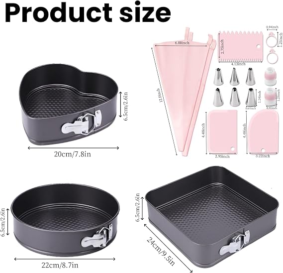 3PCS Springform Cake Tin Set(20/22/24 CM),Non-Stick Baking Pan Cake Mould for Moulding Serving Cake Pan,with Removable Bottom,Easy Release,3 Shapes (Round, Square, Heart-Shaped)