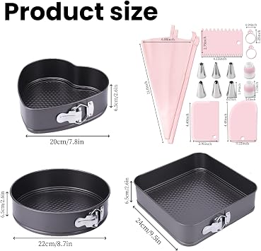 3PCS Springform Cake Tin Set(20/22/24 CM),Non-Stick Baking Pan Cake Mould for Moulding Serving Cake Pan,with Removable Bottom,Easy Release,3 Shapes (Round, Square, Heart-Shaped)
