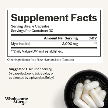 Wholesome Story Myo-Inositol Supplement | Inositol Powder Capsules | Myoinositol | 2000mg Per Serving | 500mg Per Capsule | Male and Female Fertility Supplement | Vitamin B8 | 120 Capsules