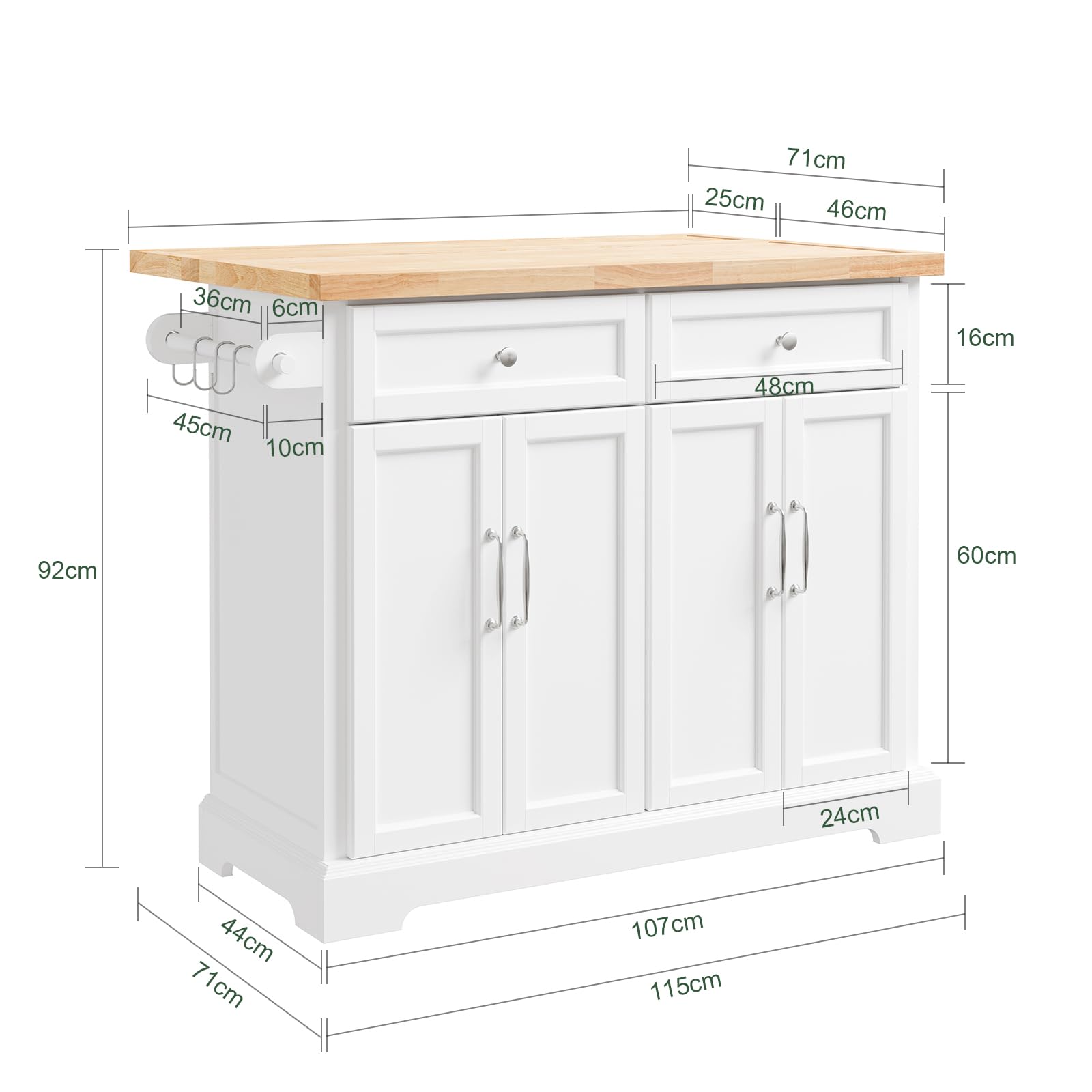 SoBuy isola cucina con ruote carrello da cucina con piano di lavoro pieghevole mobile cucina con ruote penisola cucina piano lavoro Bianco 115x92x(46-71) cm FKW71-III-WN