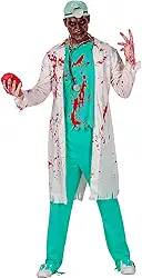 Fantasia Médico Zumbi de Halloween Adulta Masculina Assustadora Terror Jaleco Ensanguentado Camisa Calça e Luvas Sangrentas de Luxo