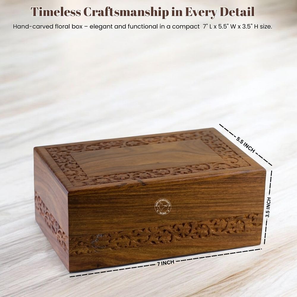 Scatola per urna in palissandro per ceneri umane per adulti, urna in legno fatta a mano con intagli floreali, regalo commemorativo (media: 17,8 x 12,7 x 8,9 cm, 90 cu)