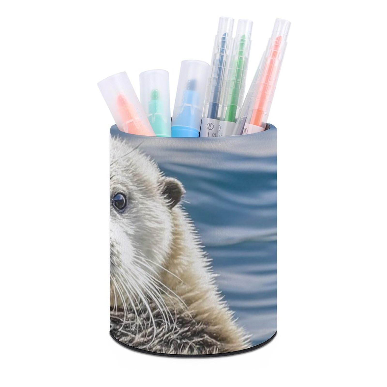 FekiLoot PU Leather Round Pen Holder Sea Otter Pencil Holder Desk Organizer Pen Organizer Pen Cup Pencil Cup Caddy Desktop Stationery Organizers for Office Home Supplies