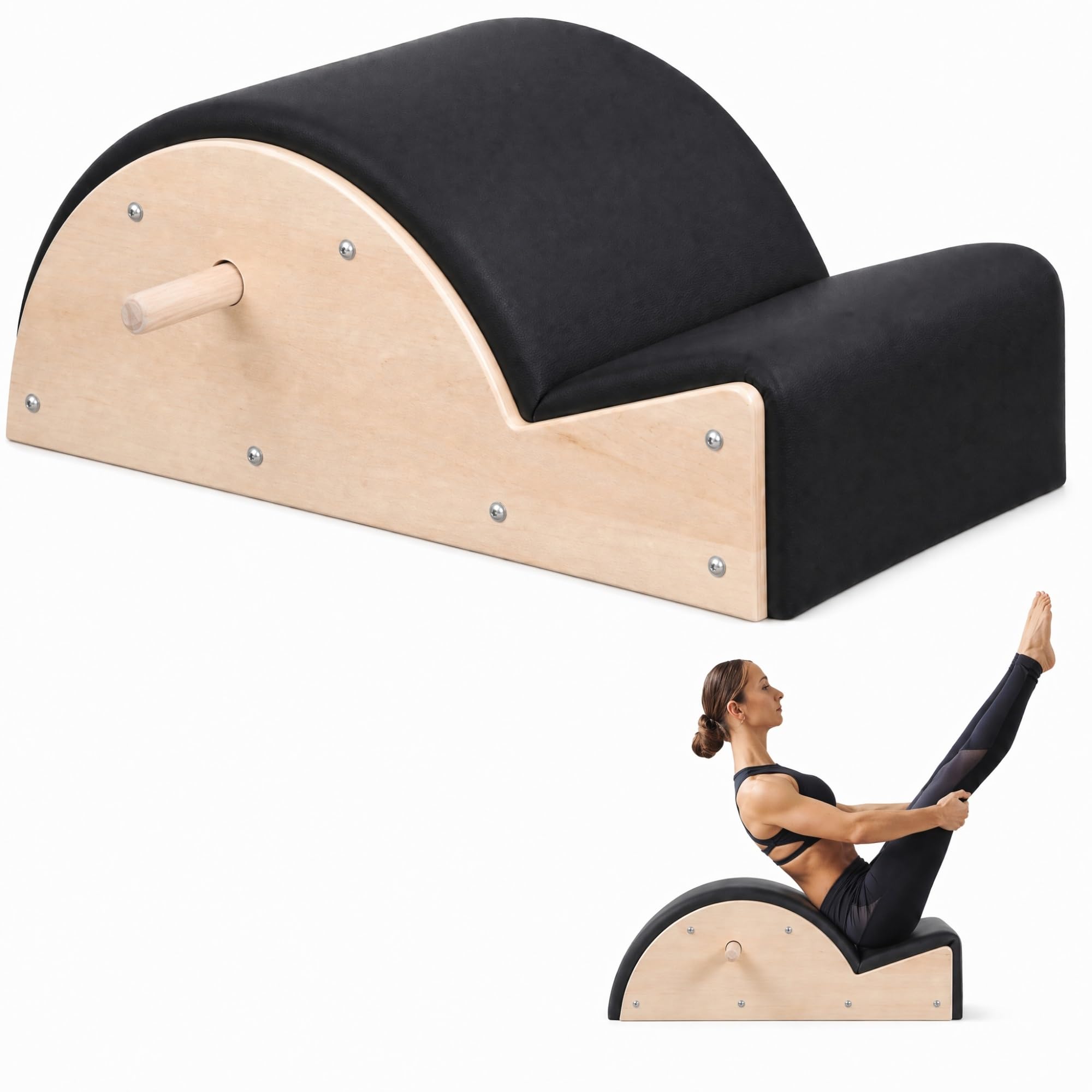 Pilates Spine Corrector Barrel – Wooden Pilates Arc Barrel with PU Padding, Back Stretch and Posture Correction Equipment for Core Strength, Flexibility and Home Gym Training