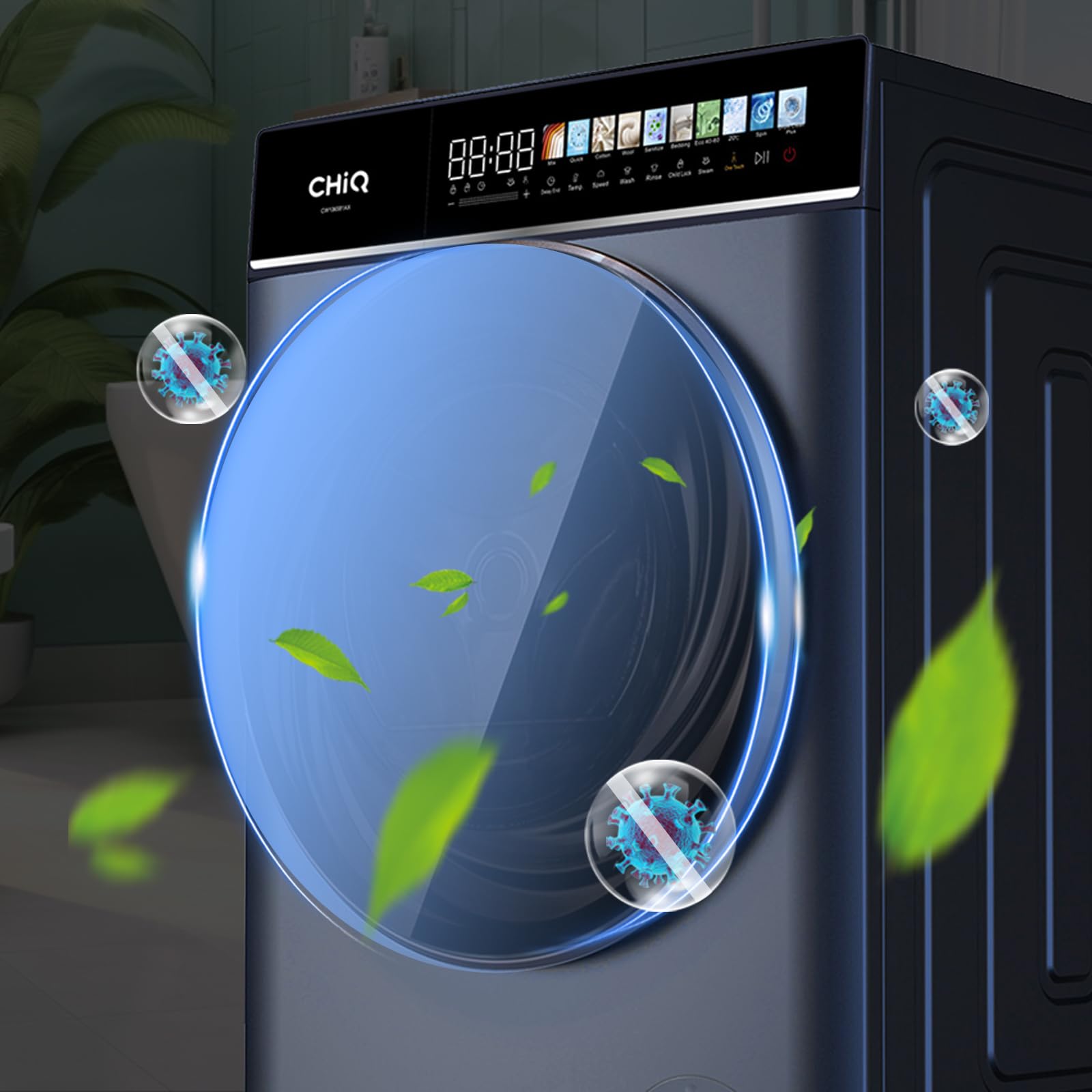 CHiQ Waschmaschine 8kg Frontlader, 1400 U/min, EEK A-15%, Touchscreen, Dampffunktion, 52cm tief, Schwarz