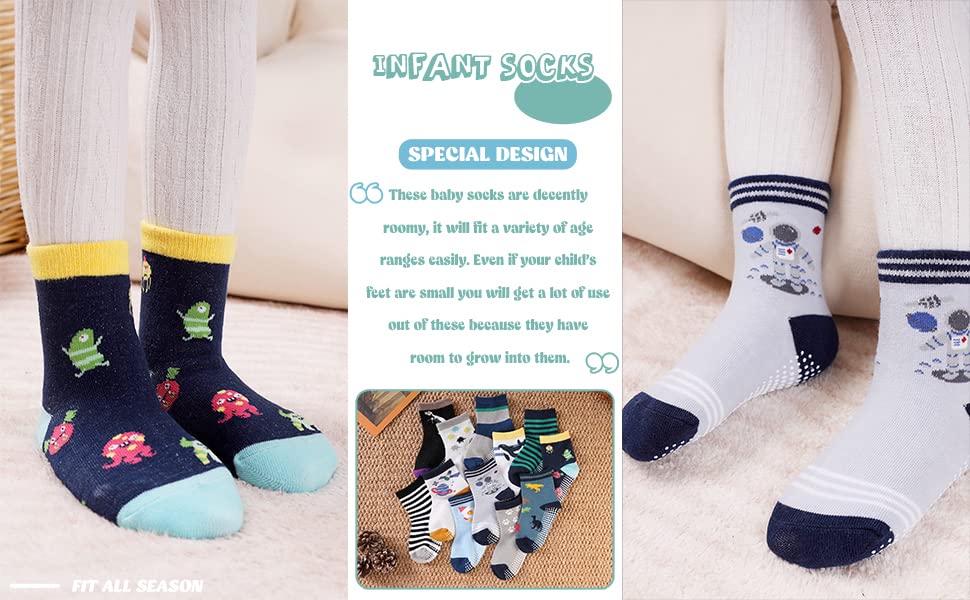 Image of Non Slip Kids Toddler Socks with Grip, Anti Skid Boys Girls Socks for Children Baby Crew Socks for 0-2 | Non Slip Anti Skid Crawling Toddler Socks with Grippers (12-24 Months, 12)