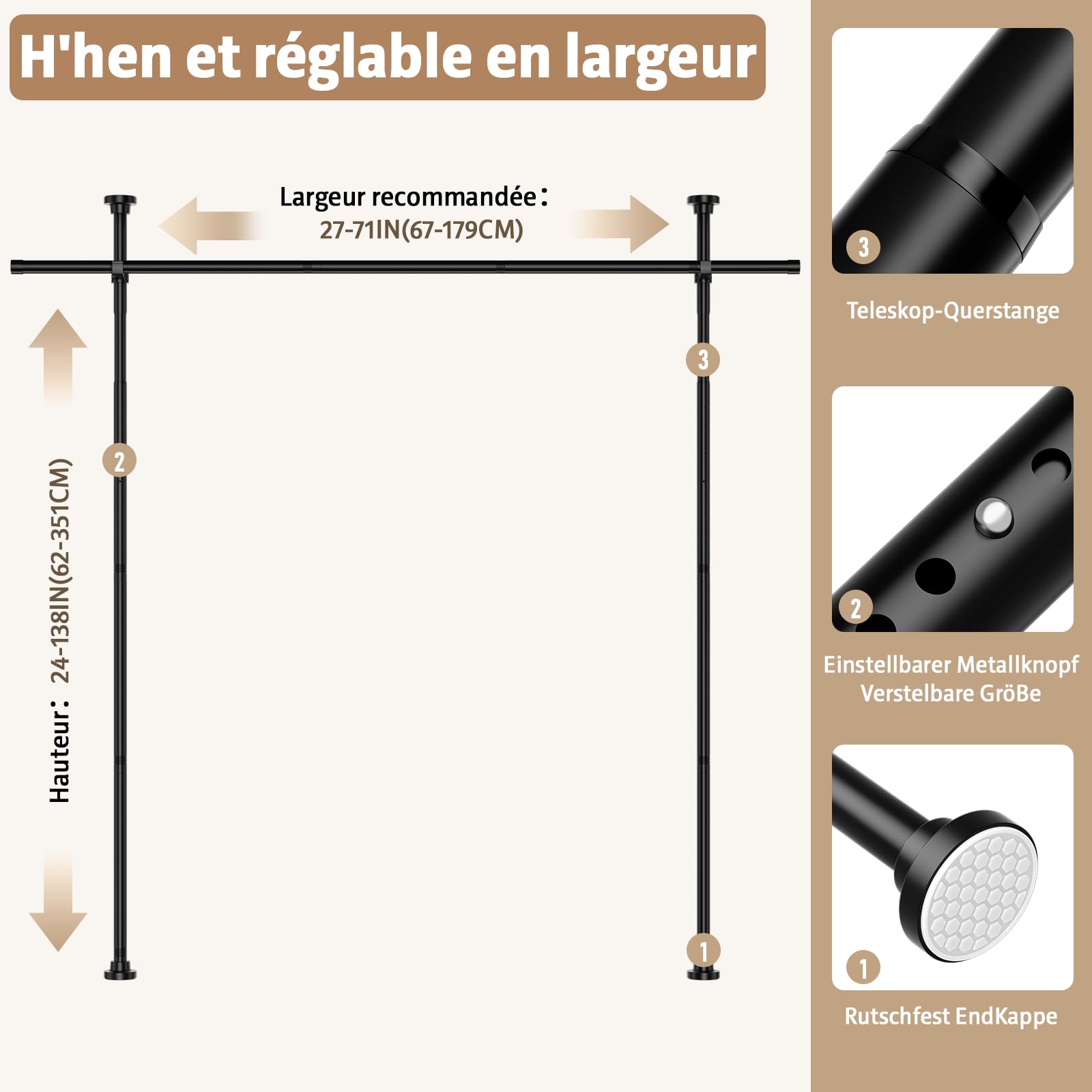 Tringle Rideau Sans Percage ，155-350 cm (H) × 110-297 cm (L) ，Noir Cloison Amovible Sans Percage，Tringle à Rideaux Flexible Et RéGlable ，Pour Chambre à Coucher ，Bureau SéParateur De PièCes