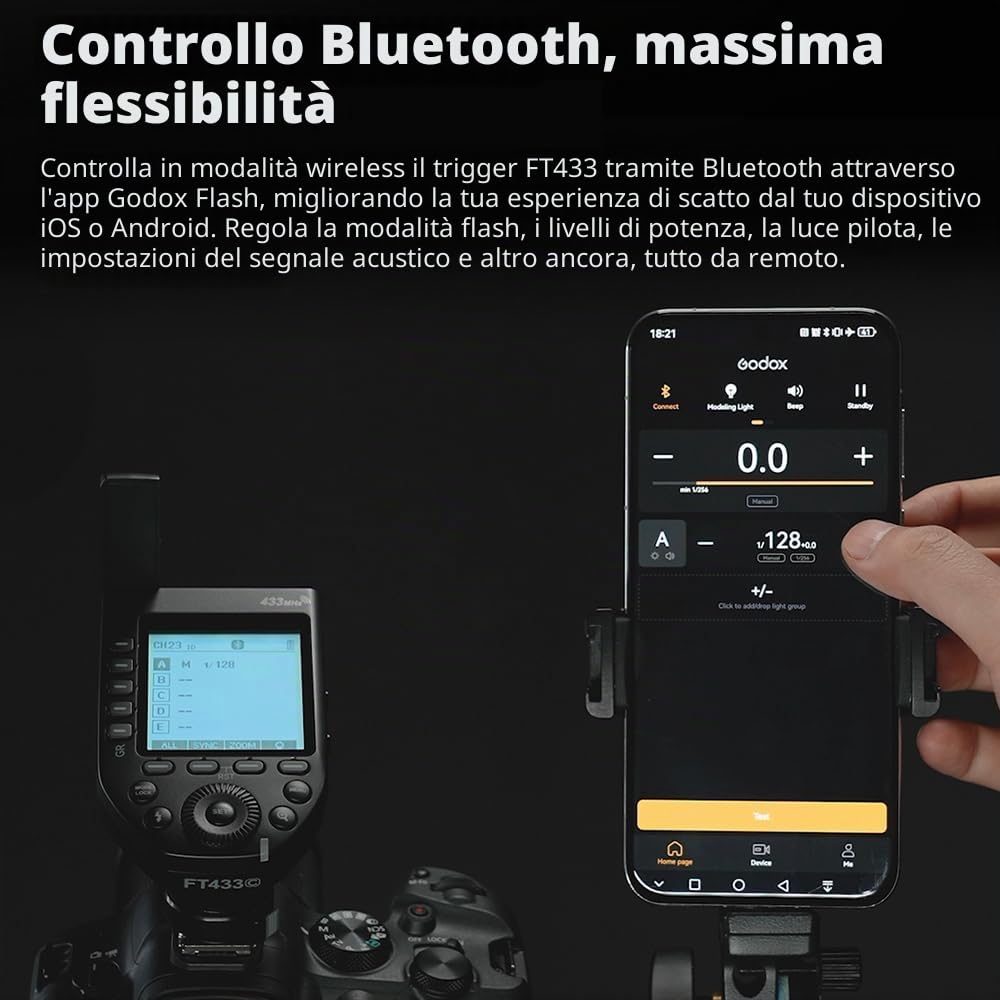 Godox FT433 C TTL trigger flash wireless per Canon, 433 MHz, HSS 1/8000s, portata 100m, LCD, 32 canali, 1-99 ID, sincronizzazione fronte/retro, controllo app Bluetooth, TCM, fuoco rapido a contatto