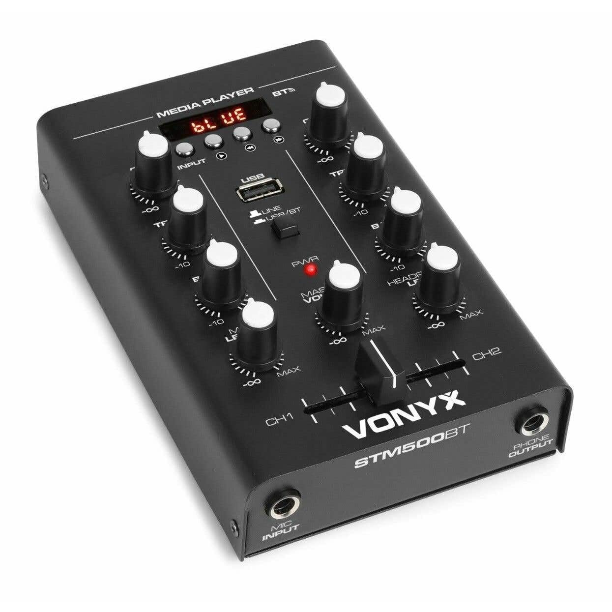 Vonyx STM500BT Table de Mixage Bluetooth 2 Canaux, Lecteur MP3 avec Affichage, Crossfader, Entrée USB, Entrée Micro, Sortie Casque, Egaliseur 2 bandes sur Chaque Canal, Parfait pour les DJs Mobiles