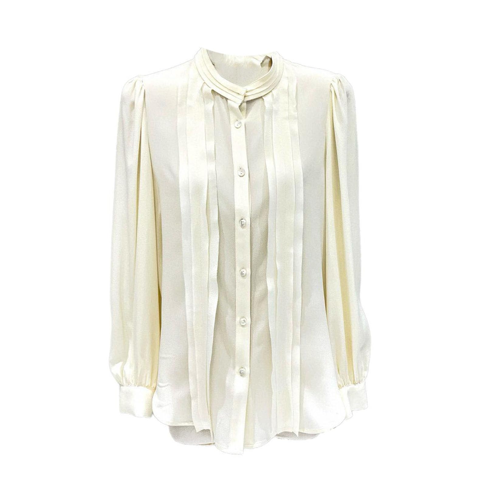 Donna Blusa da Ufficio in Seta a Maniche Lunghe con Collo Alto
