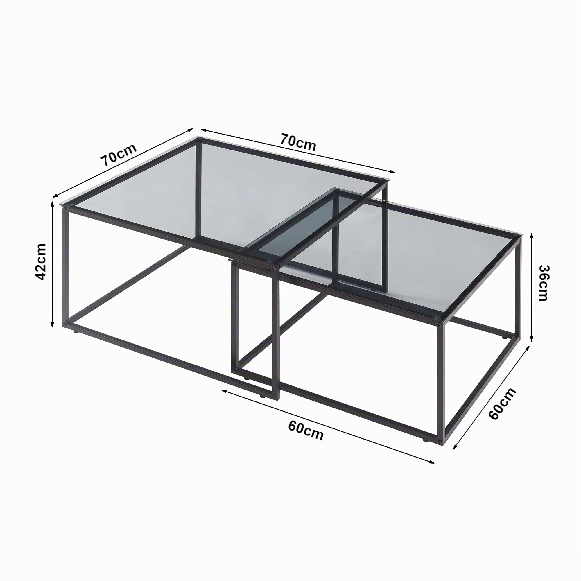 [en.casa] Juego de 2 Mesas Nido Tromlaslo Set de 2 Mesas Auxiliares Cuadradas Mesitas de Centro para Salón Oficina Estilo Industrial Acero Negro Vidrio Ahumado Gris