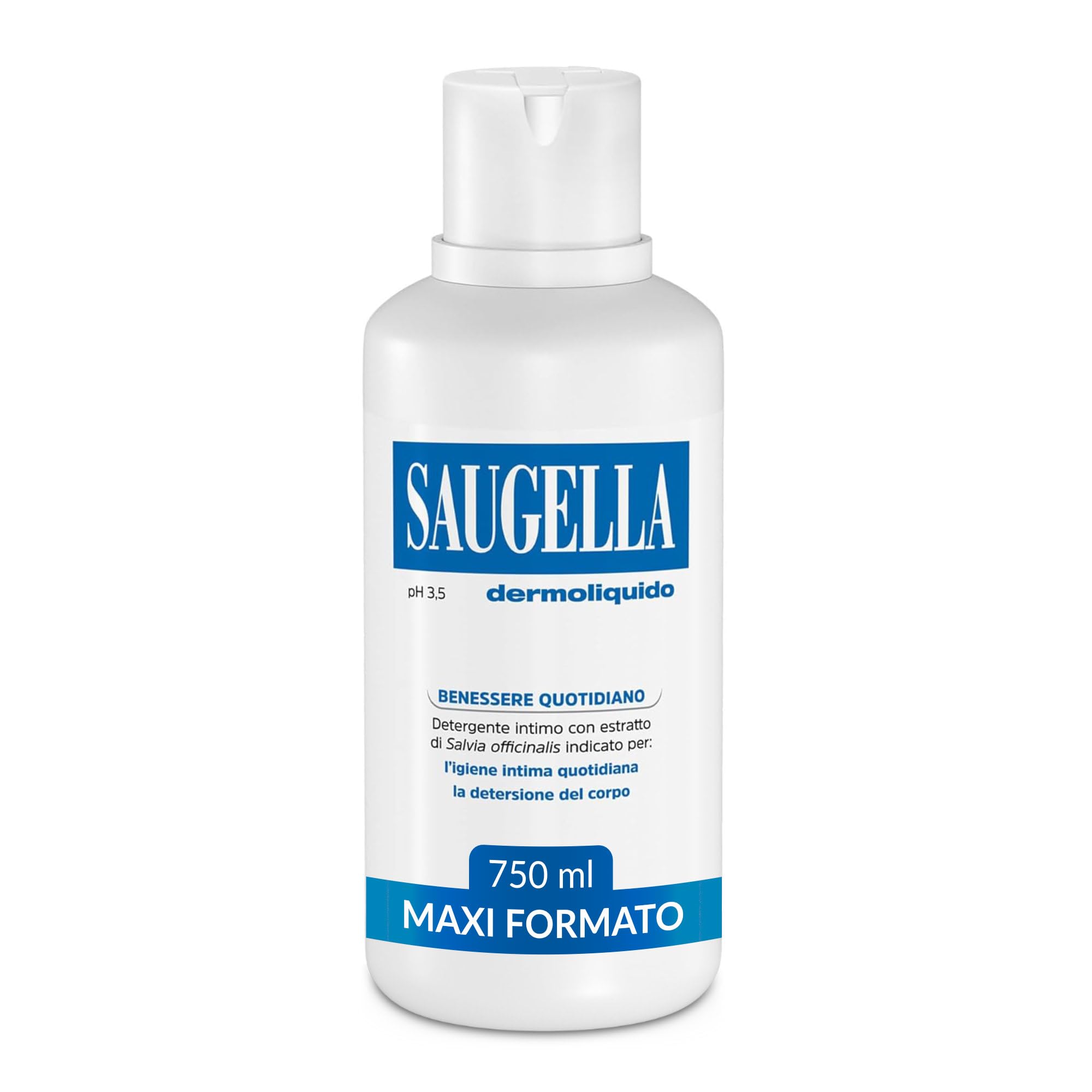 Saugella Dermoliquido Detergente Intimo Quotidiano, pH 3.5, Antiodore, Rinfrescante e Tonificante, con Salvia e Acido Lattico, 750 ml