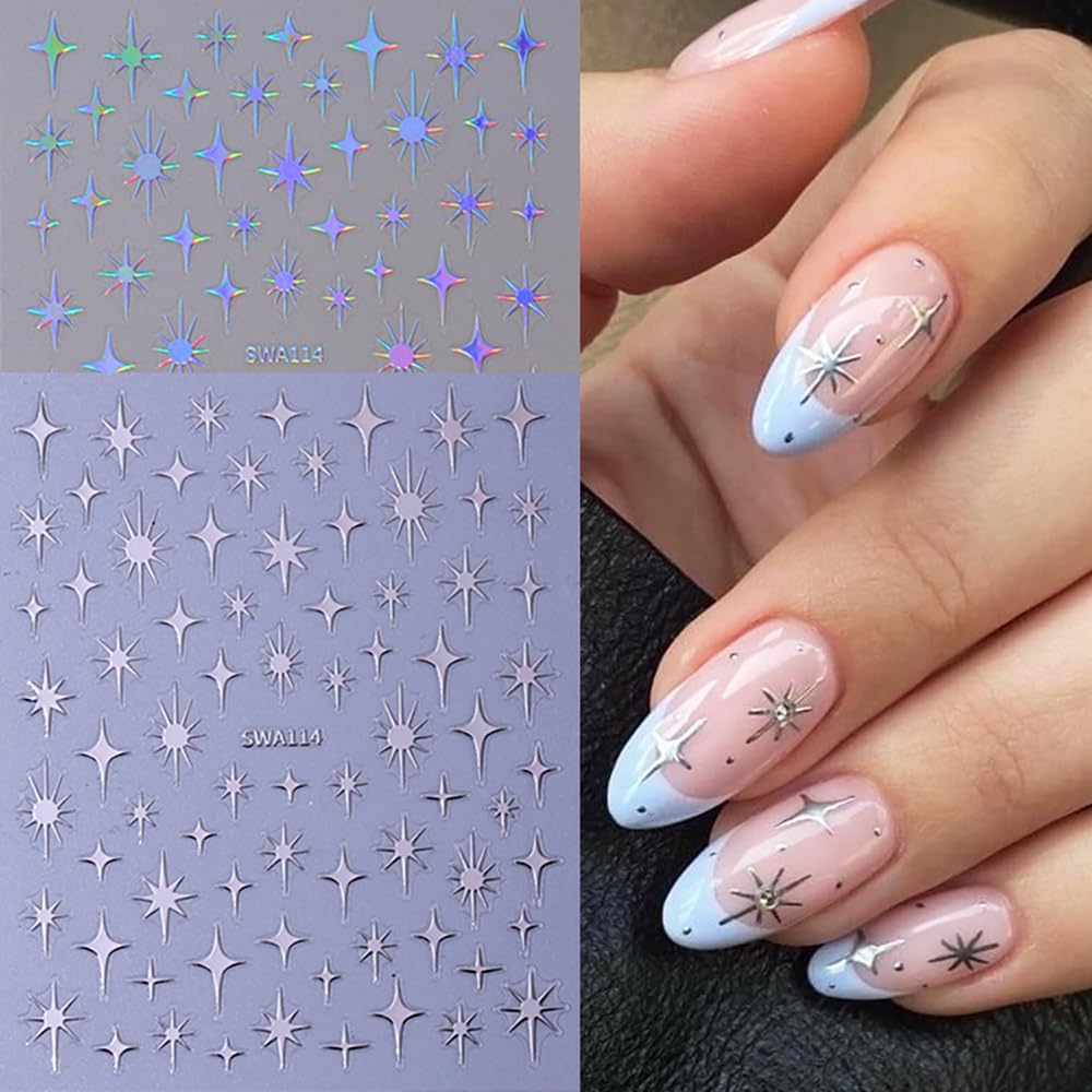 TELAIN 12 Blätter Sterne Nageldesign-Sticker – 3D, Selbstklebend, Silber/Gold & Schwarz/Weiß