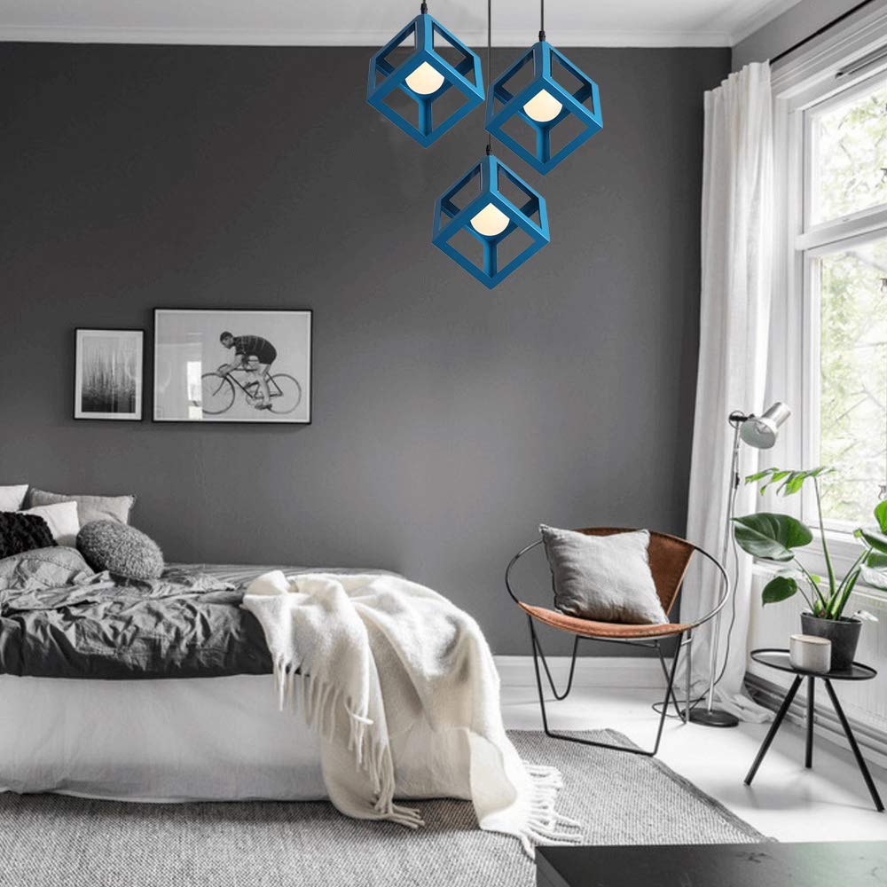 iDEGU 3 Luci Lampadario a sospensione moderno a Forma di Cubo Stile Geometrico E27 Lampada da Soffitto Vintage in Metallo per camera, soggiorno, sala da pranzo - 16cm (Blu, 30CM Base)