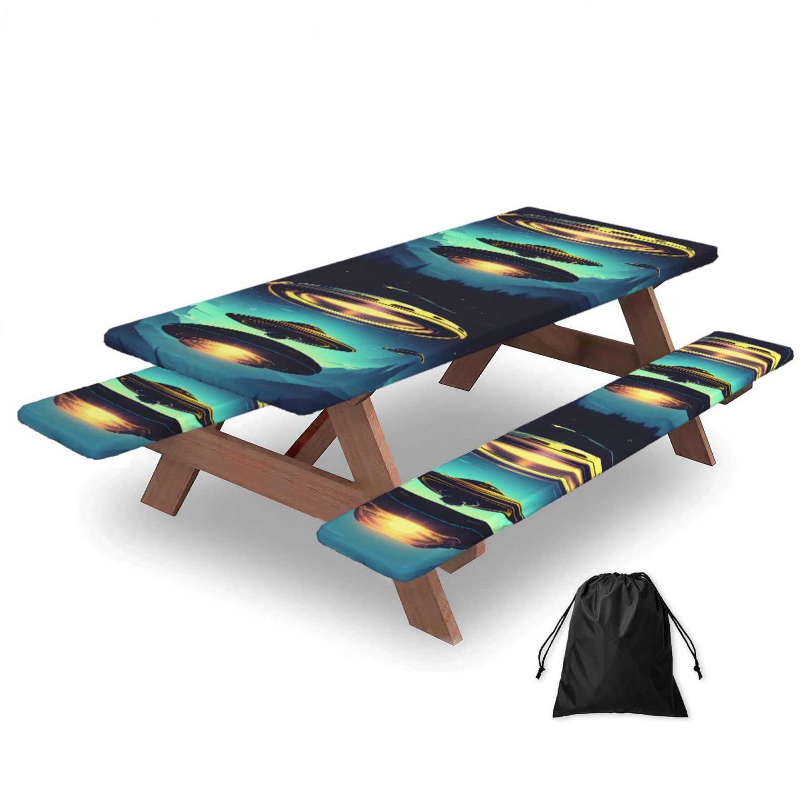 Erwqavc Black Spacecraft Descend Print Picnic Table Cover & Bench Covers 3-Pack Set, Elastic Tablecloths For 6 Ft Rectangle Tables