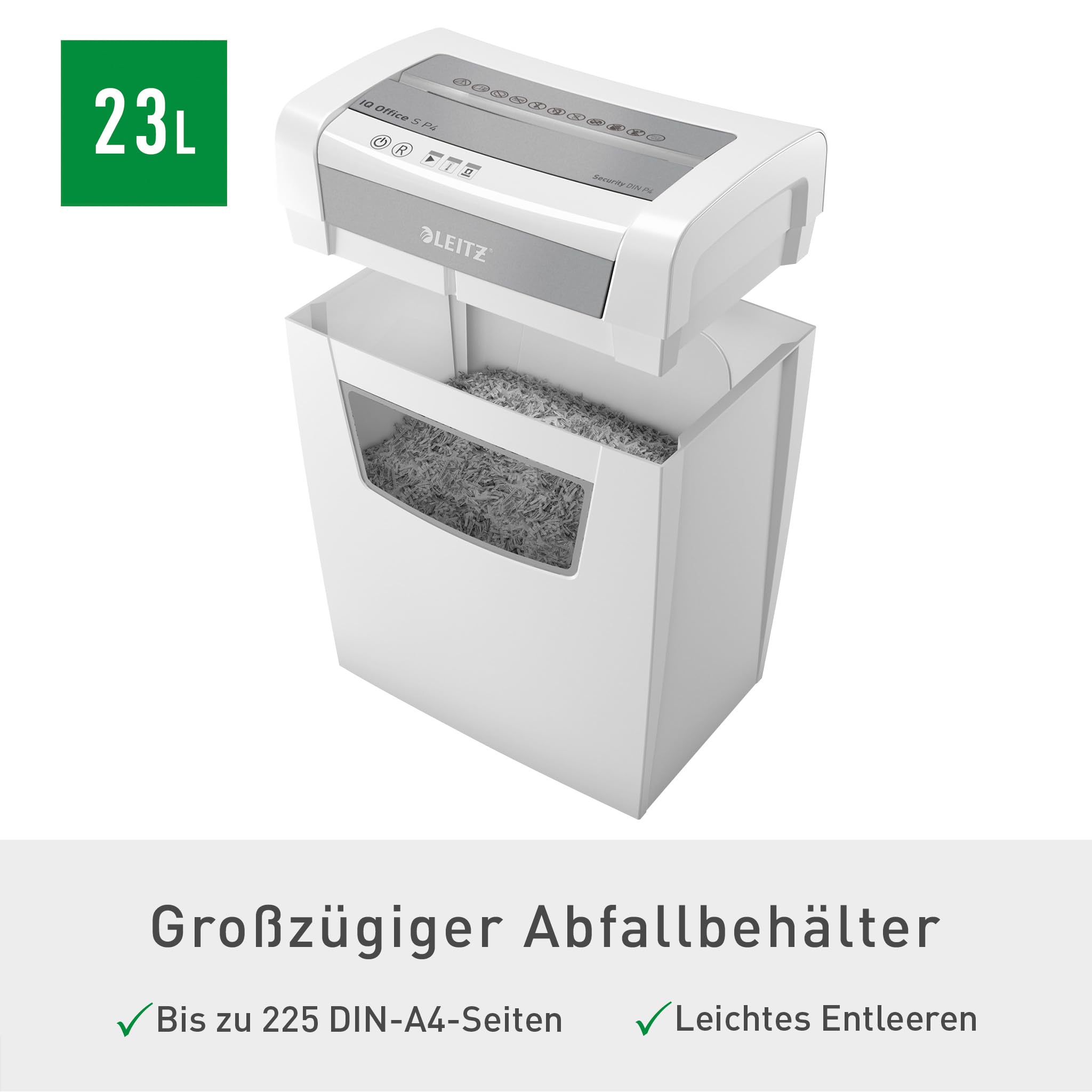 Leitz IQ Aktenvernichter Office S, 14-12 Blatt Kapazität (70-80 g/m²), TÜV+GS zertifiziert, Partikelschnitt, Sicherheitsstufe P4, Besonders leise, 23L Behälter, Schredder für Büro, Weiß, 80990000