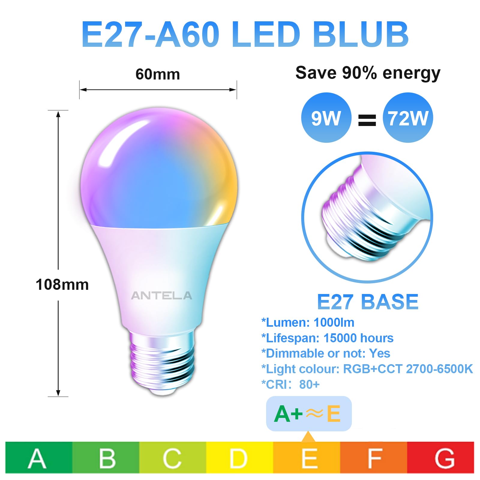 ANTELA Alexa Slimme Gloeilamp E27, 9W 1000 Lumen led Smart Bulb ANTELA Alexa Slimme Gloeilamp E27, 9W 1000 Lumen led Smart Bulb