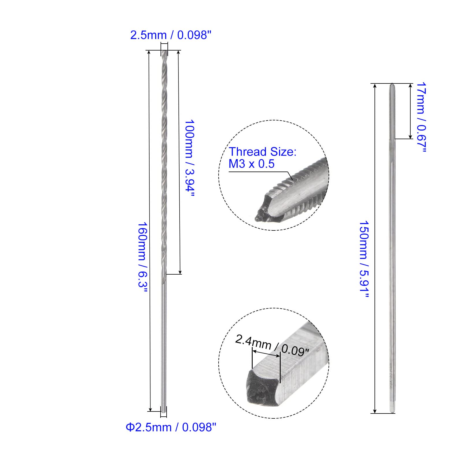 Unifizz Tap & Bit Sets, M3 x 0.5 H2 Straight Flute Machine Thread Milling Tap 150mm Extra Long - Image 2