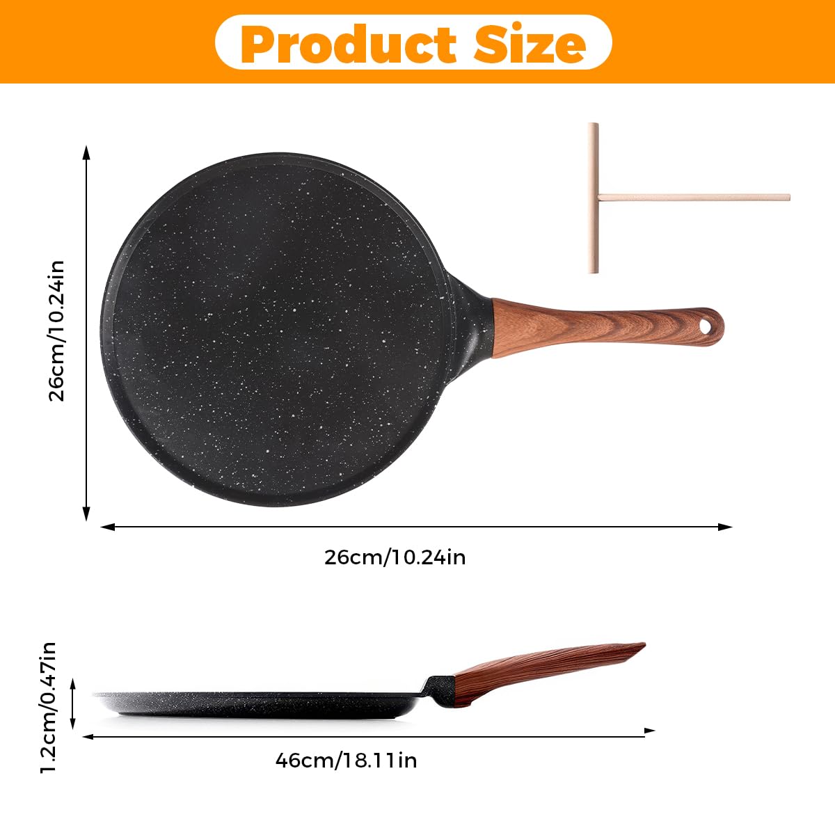 Rairsky Sartén para Crepas Antiadherente,26cm Sartén Antiadherente para Crepes,Crepera Sarten con Esparcidor,Fácil de Limpiar,para Crepes, Pancakes y Tortillas sin PFOA (Color Negro) — view 2