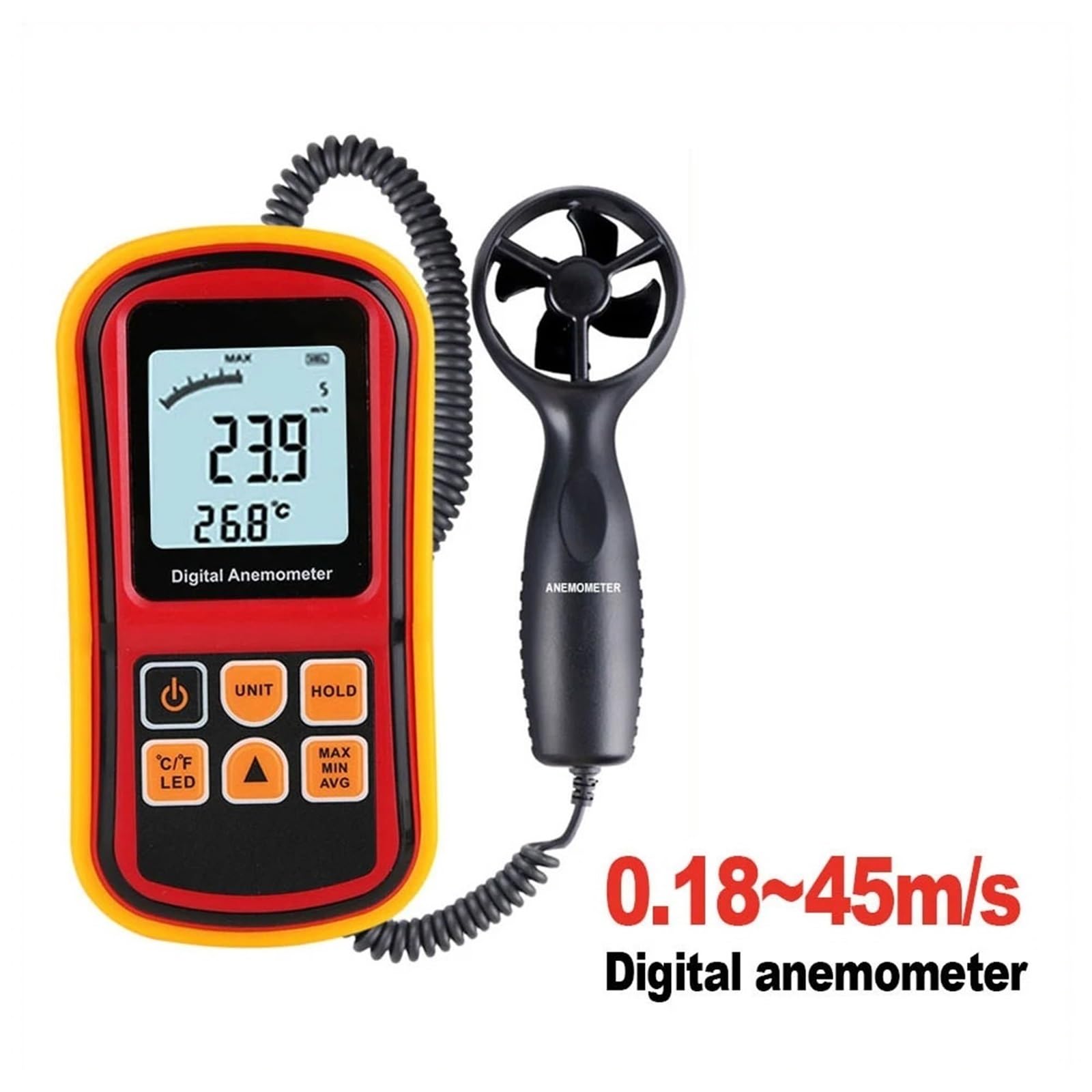 Wiatromierz, Cyfrowy anemometr, miernik prędkości wiatru, pomiar temperatury, cyfrowy termometr 45 m/s