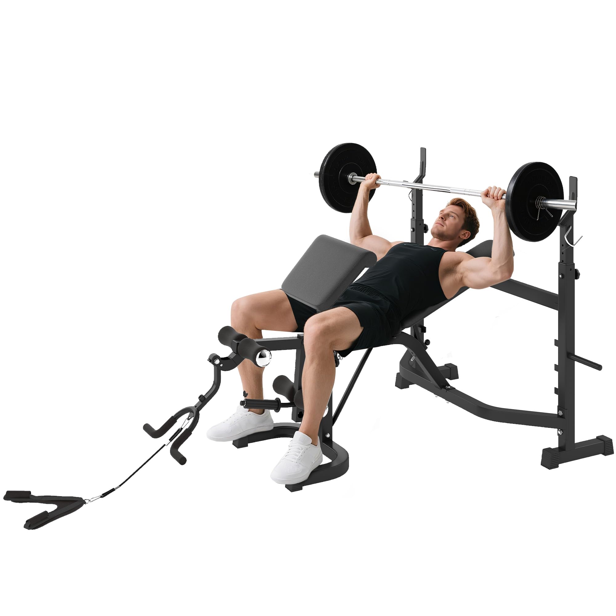 Soozier Weight Bench Stand with Squat Rack, Adjustable Bench, Multifunctional Arm Curl Pad, Leg Extension, Barbell Stand, Strength Training, Workout Equipment for Home, Office, Gym, Grey