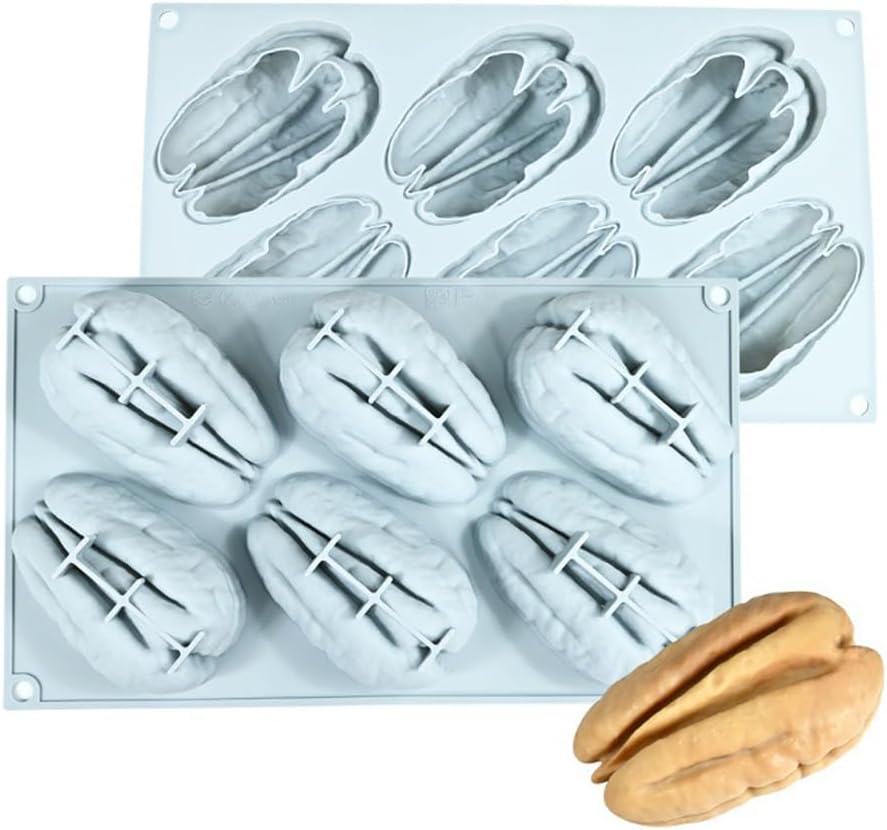 6 Cavity 3D Pecan Shaped Silicone Mousse Mold, Food-Grade Non-Stick Baking Mold for Mousse Cake, Chocolate, Jelly, Pudding, DIY Dessert, Reusable Pastry Tool
