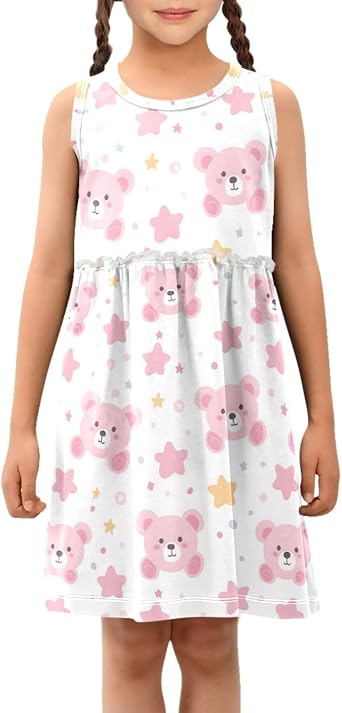Cotton Girls Sleeveless Summer Dress Animals Print Midi Sundress Casual Toddler Beach Vacation Dresses