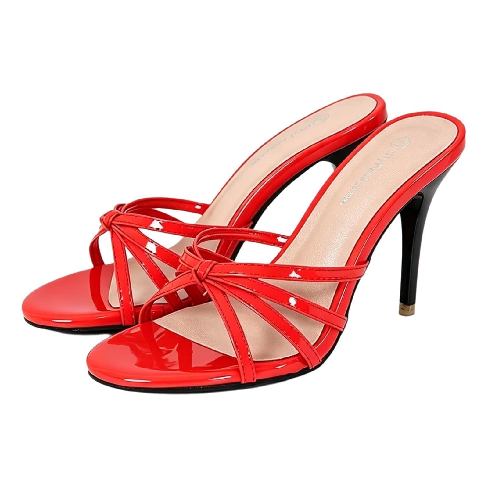 Sandali Con Cinturino A Spillo Con, Slip-on Con Punta Aperta Rotonda | Morbida soletta in PU, tacco a spillo da 3,54 pollici, cinturini con fibbia, sabot slip-on, punta rotonda aperta(Red,40 EU)