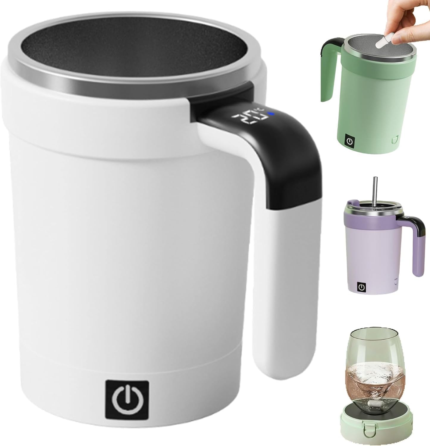 Automatic magnetic stirring coffee mug, self-stirring mug with detachable base, automatic stirring mug with lid handle, smart travel mug magnetic stirring mug (white)