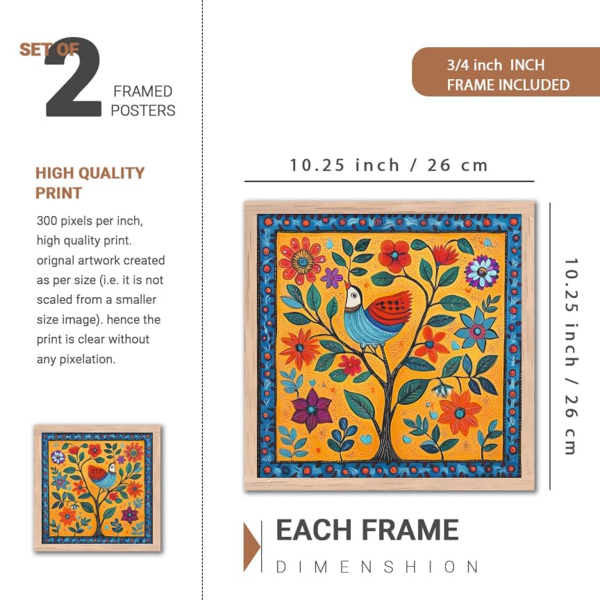 Image of NoWorries Folk Art Wall Art Frame Set of 4 | Traditional Indian Ethnic Painting Wooden Frames | HD Printed Decorative Wall Decor for Living Room Bedroom Office Home Interior