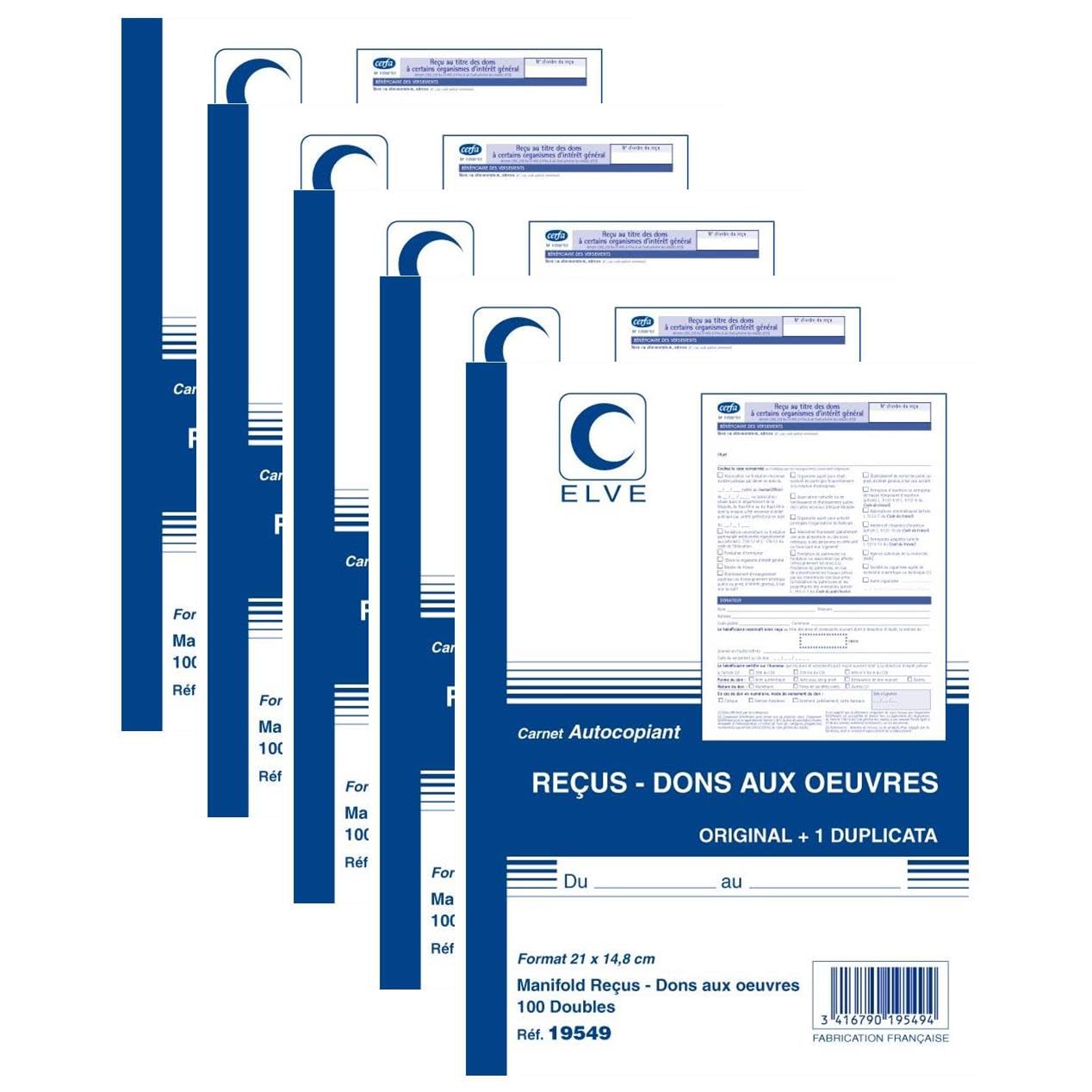 ELVE Lot de 5 Carnets de reçus - Dons aux oeuvres A5-100 Feuillets Doubles