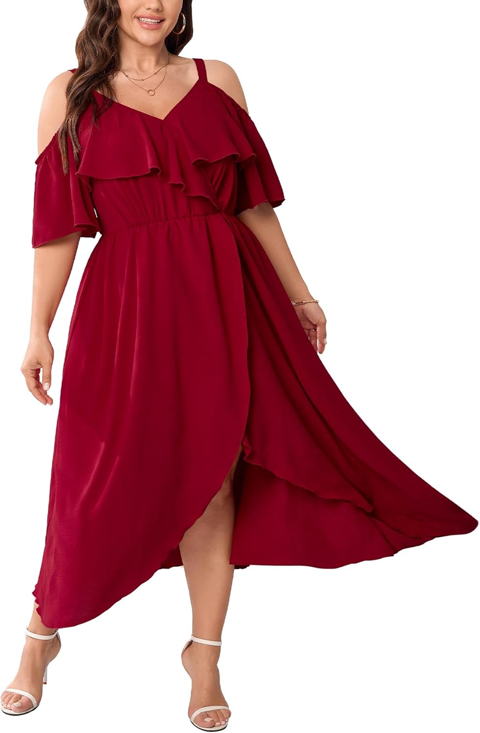 SHESTARR Womens Plus Size Cold Shoulder Dress Short Sleeve Ruffle Summer Sundress High Low Flowy Maxi Long Dresses