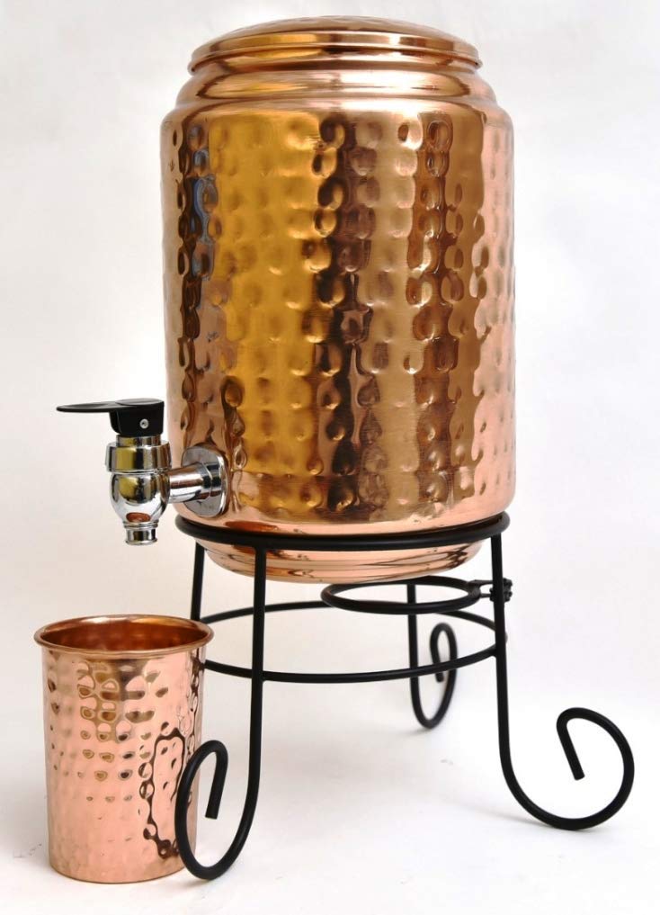 R Ayurveda Copper 5 Litre Hammered Copper Water Container (Matka/Pot) Dispenser Pot with 1 Copper Glass and Stand,(5000 ml)