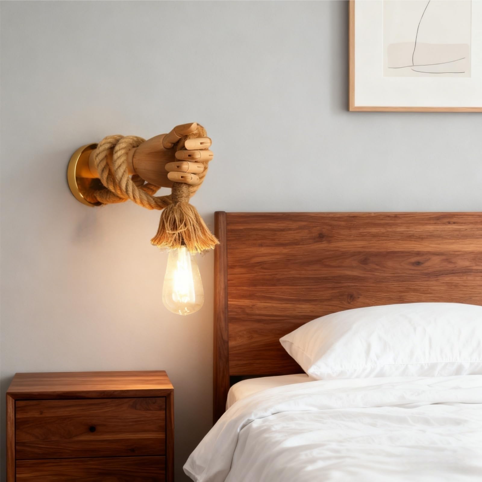Aplique de Pared de Madera, Lámpara Iluminación en Forma de Mano, E27 Rústico Lampara de Pared Cuerda de Cáñamo para Dormitorio,Salón,Pasillo (Mano Izquierda)
