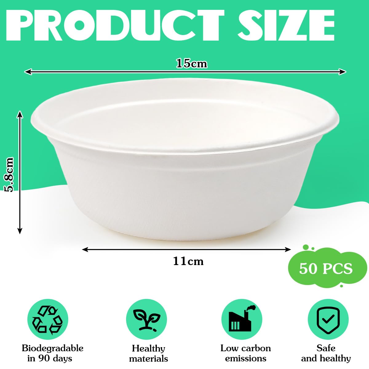 Kleemeiero 50 Pezzi Ciotole di Carta Bagasse di Canna da Zucchero 500ML Ciotola per Zuppa Biologica Rotonda Bianca Biodegradabili e Compostabili Piatti Carta per Picnic Barbecue Feste